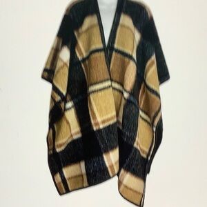 Plaid Open Front Poncho - Black and Tan